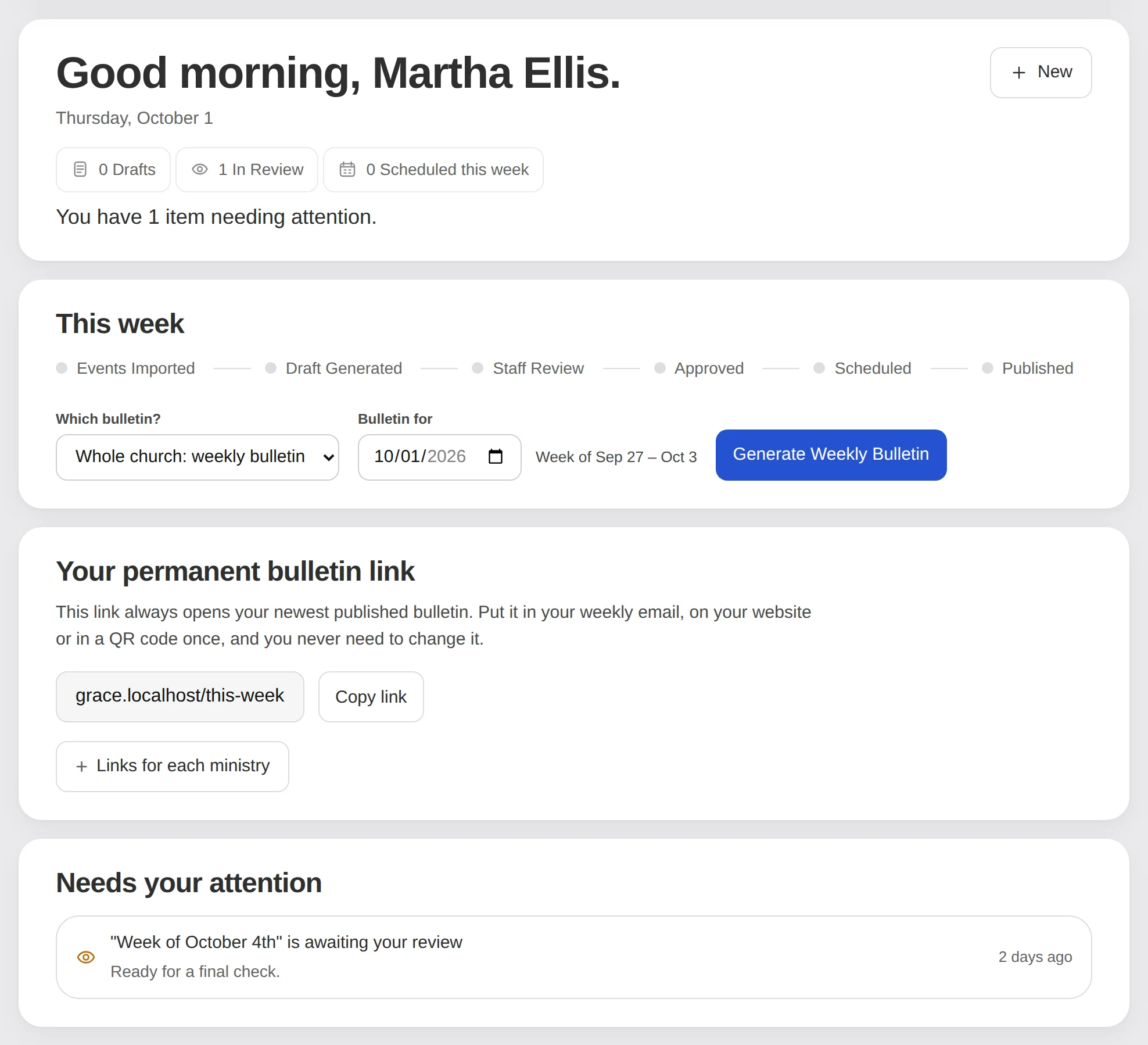 The NextSunday home screen: one bulletin waiting for review, and this week's steps.
