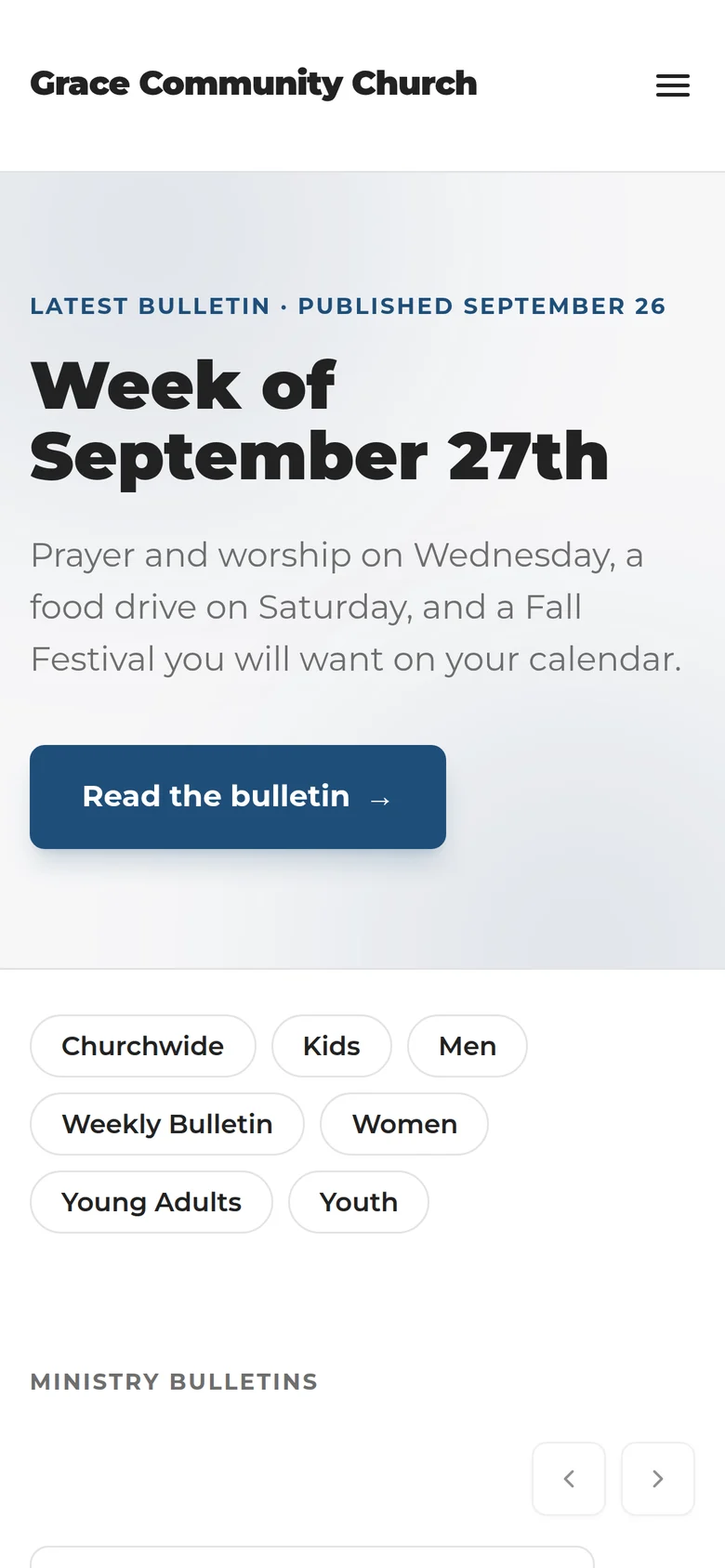 A church's bulletin site on a phone, showing the latest bulletin and a list of ministries.