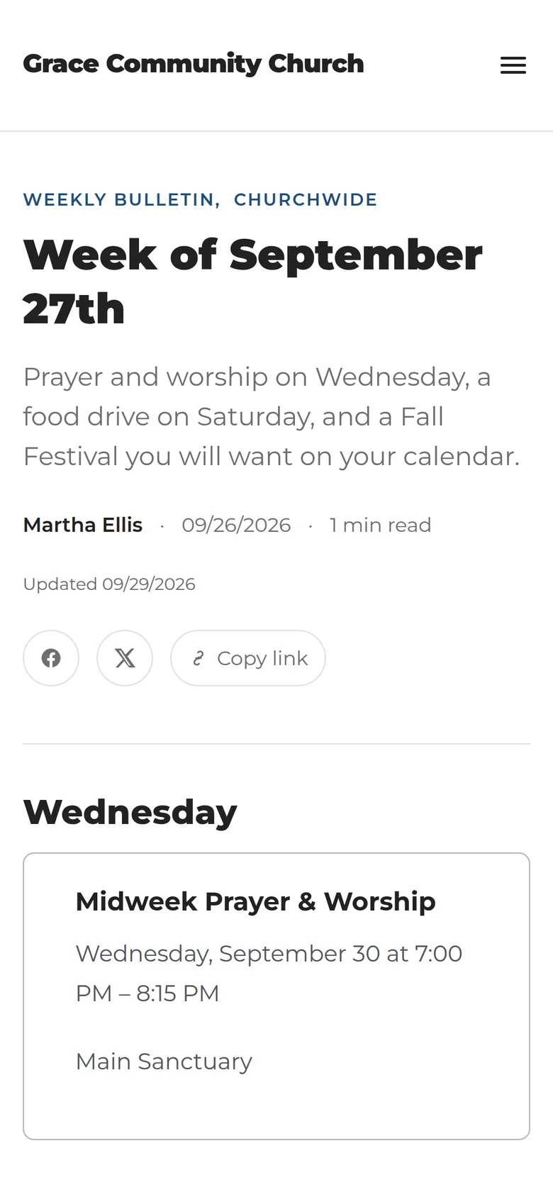 This week's bulletin on a phone, starting with Wednesday's prayer and worship.