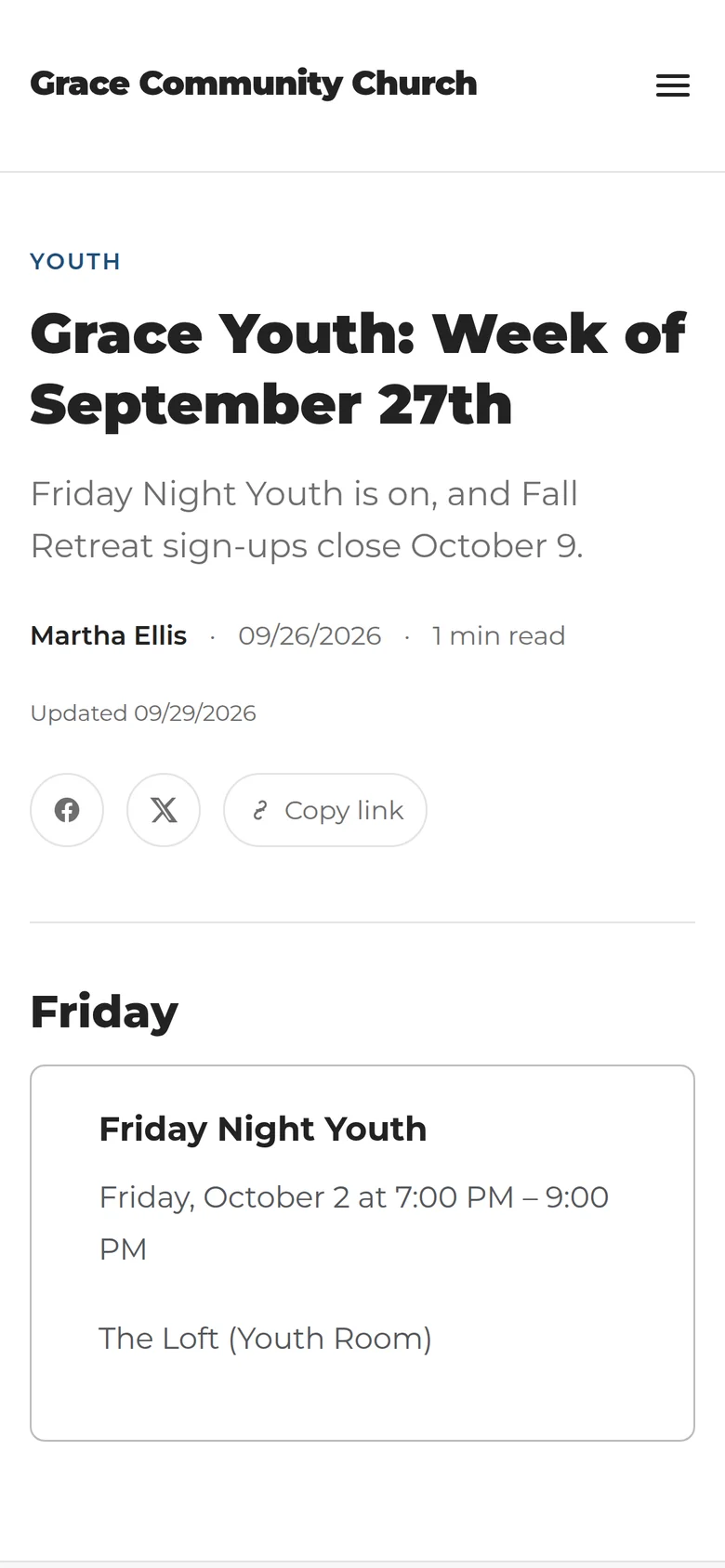 The youth ministry's own bulletin on a phone.