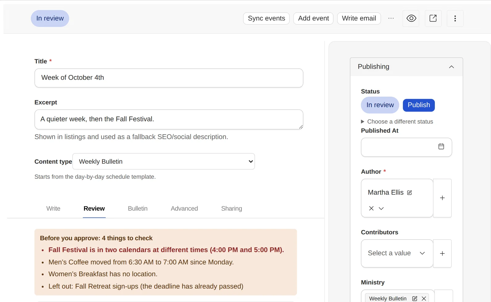 A bulletin draft in review. A panel lists four things to check before approving, next to the Publish button.